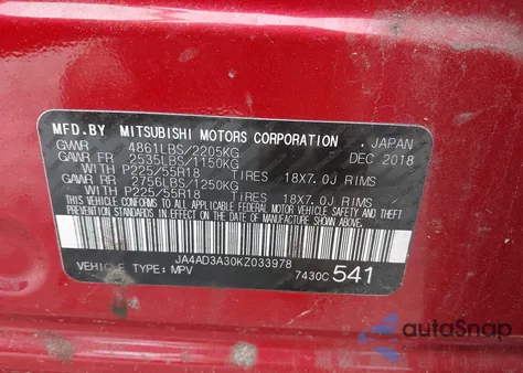 2019 Mitsubishi Outlander Sel from USA, damaged, VIN JA4AD3A30KZ033978